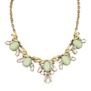 J. Crew Statement Bib Necklace Antique Gold Tone w/ Matte Green Stone & Crystals
